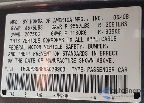 2008 Honda Accord 3.5 Ex-L z USA, uszkodzony, nr VIN 1HGCP36888A079903